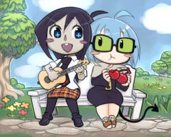 Rule 34 | + +, 2girls, :t, acoustic guitar, ahoge, animal crossing, bench, blue eyes, blue hair, blush stickers, buck teeth, cherry, chibi, colored skin, crybringer, day, demon mages, demon tail, eating, eye contact, field, flower, food, fruit, glasses, grass, green eyes, grey skin, guitar, instrument, looking at another, multiple girls, music, necktie, nintendo, open mouth, outdoors, pantyhose, park bench, parody, path, plant, playing instrument, purple hair, road, short hair, sitting, skirt, smile, style parody, tail, tara olphoros, teeth, tess tesryon, tree, wide hips