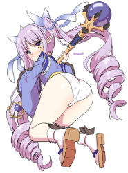 Rule 34 | 1girl, ass, blue kimono, blue ribbon, blush, brown eyes, brown footwear, closed mouth, commentary request, full body, hair ribbon, holding, holding staff, japanese clothes, kimono, kyoka (princess connect!), long hair, long sleeves, looking at viewer, looking back, mauve, no pants, orb, panties, polka dot, polka dot panties, princess connect!, purple hair, ribbon, ringlets, sandals, shoe soles, simple background, socks, solo, staff, tears, twintails, twitter username, underwear, very long hair, wavy mouth, white background, white panties, white socks, wide sleeves, zouri