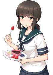 Rule 34 | 1girl, black hair, blue sailor collar, blue skirt, chocolate, commentary request, cowboy shot, food, fork, fruit, fubuki (kancolle), green eyes, highres, kantai collection, long hair, looking at viewer, low ponytail, marshmallow, nakamura sumikage, pleated skirt, ponytail, sailor collar, school uniform, serafuku, short ponytail, sidelocks, simple background, skirt, smile, solo, strawberry, white background