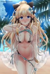 Rule 34 | 1girl, :d, aqua bikini, beach, bikini, black bow, blonde hair, blue eyes, blue sky, blunt bangs, blush, bow, bracelet, breasts, cleavage, clothes lift, clothes pull, cloud, cloudy sky, commentary request, elf, flower, groin, hair between eyes, hair bow, hair ornament, hair ribbon, helvetica std, highres, horizon, jacket, jewelry, large breasts, layered bikini, long hair, looking at viewer, midriff, navel, ocean, open mouth, pointy ears, ponytail, princess connect!, pulling own clothes, ribbon, saren (princess connect!), saren (summer) (princess connect!), see-through, see-through jacket, sidelocks, sky, smile, solo, swimsuit