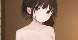 Rule 34 | 1girl, akipeko, bare shoulders, breasts, brown eyes, brown hair, cleavage, looking at viewer, out-of-frame censoring, short hair, small breasts, solo