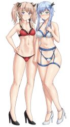 Rule 34 | 2girls, blonde hair, blue bra, blue hair, blue panties, blush, bra, breasts, green eyes, hair ribbon, hand on own chest, hand on own hip, high heels, highres, holding hands, lingerie, looking at viewer, maou gakuin no futekigousha, medium breasts, misha necron, multiple girls, navel, panties, purple eyes, red bra, red panties, ribbon, sarhce, sasha necron, short twintails, siblings, sisters, smile, thighs, twins, twintails, underwear, white background