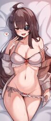 Rule 34 | 1girl, absurdres, ahoge, bare shoulders, bed sheet, bra, breasts, brown eyes, brown hair, cleavage, collarbone, commission, eyepatch, hand up, heart, highres, jacket, kyoto mogu, lace, lace-trimmed bra, lace trim, large breasts, lingerie, long hair, long sleeves, looking at viewer, lying, navel, off shoulder, on back, open clothes, open jacket, open mouth, original, panties, panty pull, pulled by self, side-tie panties, smile, solo, spaghetti strap, spoken heart, stomach, strap slip, string bra, sweat, thighs, underwear, very long hair, white bra, white jacket, white panties