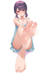 Rule 34 | 1girl, ass, bare legs, barefoot, black hair, blue dress, blush, collarbone, doyagao, dress, feet, foot focus, foreshortening, grey panties, hand on own knee, highres, leg up, mole, mole on collarbone, multicolored hair, original, panties, pantyshot, pink hair, rryiup, short twintails, signature, simple background, sitting, sleeveless, sleeveless dress, smug, solo, steaming body, streaked hair, sweat, twintails, underwear, v, white background