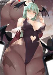 Rule 34 | 1girl, animal print, arm behind back, ass, bat (animal), bat print, bat wings, black leotard, black pantyhose, blunt bangs, blurry, blurry foreground, blush, bodypaint, breasts, bridal gauntlets, cellphone, cleft of venus, dissolving clothes, green eyes, green hair, hand up, head wings, heart, highres, hip focus, large breasts, legs together, leotard, morrigan aensland, multiple views, nakamura yukitoshi, naked paint, navel, nipples, nose blush, nude, outdoors, painted clothes, pantyhose, parted lips, phone, print legwear, pussy, rain, smartphone, standing, straight hair, thick thighs, thighs, uncensored, vampire (game), viewfinder, wide hips, wings
