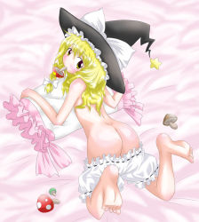 Rule 34 | 1girl, ass, barefoot, blonde hair, bloomers, bloomers pull, butt crack, feet, female focus, flat chest, hat, kirisame marisa, long hair, looking back, lying, mouth hold, mushroom, naegi (naegidokoro), no bra, on stomach, pillow, soles, solo, topless, touhou, underwear, white bloomers, witch hat