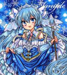 Rule 34 | 1girl, :d, bare shoulders, blue background, blue dress, blue eyes, blue hair, blue ribbon, breasts, brooch, crystal, detached collar, detached sleeves, dress, hair between eyes, hatsune miku, headdress, holding, holding staff, jewelry, light blue hair, long hair, long sleeves, looking at viewer, marker (medium), neck ribbon, open mouth, ribbon, rui (sugar3), sample watermark, skirt hold, small breasts, smile, snowflakes, solo, staff, strapless, strapless dress, striped sleeves, traditional media, twintails, very long hair, vocaloid, watermark, yuki miku, yuki miku (2019)