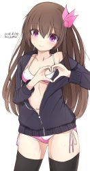 Rule 34 | absurdres, alternate costume, bikini, bikini under clothes, black thighhighs, blush, breasts, brown hair, collarbone, dated, embarrassed, hair ornament, heart, heart hands, highres, jacket, kantai collection, kisaragi (kancolle), kisaragi kai ni (kancolle), long hair, munehiro (21plus), pink bikini, purple eyes, ribbon, side-tie bikini bottom, simple background, small breasts, solo, swimsuit, swimsuit under clothes, thighhighs, twitter username, wavy mouth, white background