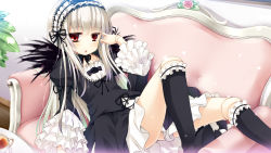 Rule 34 | 1girl, asa (swallowtail), black socks, blush, chair, cup, doll joints, dress, frills, gothic lolita, hairband, highres, joints, kneehighs, lolita fashion, lolita hairband, long hair, long sleeves, looking at viewer, red eyes, rozen maiden, silver hair, sitting, socks, solo, suigintou, tea, teacup