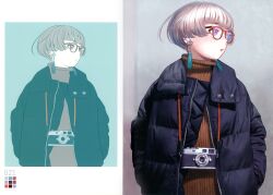 Rule 34 | 1girl, absurdres, black coat, blunt bangs, brown sweater, camera, camera around neck, coat, color guide, earrings, glasses, grey hair, hands in pockets, highres, holding, holding camera, jewelry, limited palette, long sleeves, looking to the side, murata range, non-web source, open clothes, original, page number, parted lips, purple eyes, reference inset, ribbed sweater, scan, short hair, sketch inset, solo, sweater, tassel, tassel earrings, turtleneck, upper body