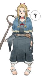 Rule 34 | 1girl, ?, ambrosia (dungeon meshi), belt, blonde hair, bludraws, blue capelet, braided sidelock, capelet, choker, collarbone, commentary, dress, dungeon meshi, elf, english commentary, facing viewer, full body, green eyes, grey dress, long hair, looking to the side, marcille donato, parted lips, pointy ears, red choker, sandals, simple background, sitting, solo, speech bubble, waist bag, white background, wide sleeves