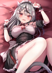 Rule 34 | 1girl, :d, animal ear fluff, animal ears, bare legs, black hair, black skirt, blush, bow, bowtie, breasts, cat ears, cat tail, detached collar, detached sleeves, extra ears, feet out of frame, frilled sleeves, frills, grey hair, hair ornament, high-waist skirt, highres, hololive, knees up, large breasts, long hair, looking at viewer, lying, maid headdress, multicolored hair, nail polish, on back, open mouth, puffy short sleeves, puffy sleeves, red bow, red bowtie, red eyes, red nails, sakamata chloe, shirt, short sleeves, skirt, smile, solo, streaked hair, tail, tail censor, virtual youtuber, white background, white shirt, x hair ornament, yuano