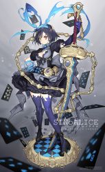 Rule 34 | 1girl, alice (sinoalice), artist name, belt, black dress, black footwear, black hair, blue gloves, blue hairband, blue thighhighs, breasts, brown eyes, card, chain, character name, cleavage, cleavage cutout, closed mouth, clothing cutout, copyright name, crescent, dress, elbow gloves, floating, floating object, frilled dress, frills, gloves, hairband, highres, holding, holding weapon, looking at viewer, loose belt, mandrill, medium breasts, puffy short sleeves, puffy sleeves, short hair, short sleeves, sinoalice, smile, solo, standing, sword, thighhighs, turtleneck, twitter username, weapon, zettai ryouiki