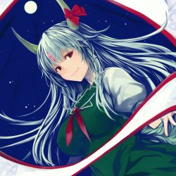 Rule 34 | 1girl, absurdres, bow, breasts, brooch, commentary request, dress, dutch angle, ex-keine, full moon, green dress, green hair, highres, horn bow, horn ornament, horns, jewelry, kamishirasawa keine, large breasts, long hair, looking at viewer, moon, neckerchief, night, night sky, nuppehofu (nibuta), outdoors, pinafore dress, puffy short sleeves, puffy sleeves, red bow, red eyes, red neckerchief, scroll, shirt, short sleeves, sky, sleeveless dress, smile, solo, star (sky), starry sky, touhou, upper body, white shirt