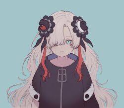 Rule 34 | 1girl, arms at sides, asymmetrical sleeves, black flower, blue background, blue eyes, closed mouth, coat, commentary request, expressionless, flower, grey hair, hair flower, hair ornament, hair over one eye, high collar, highres, isekai joucho, kamitsubaki studio, karakai 13, long hair, looking at viewer, multicolored hair, one eye covered, red hair, simple background, solo, straight-on, streaked hair, uneven sleeves, upper body, virtual youtuber, wavy hair, white coat, zipper pull tab