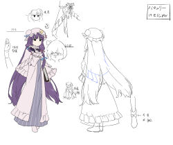 Rule 34 | alternate costume, book, boots, bow, capelet, character sheet, crescent, crescent hat ornament, frilled sleeves, frills, hat, hat bow, hat ornament, height chart, height difference, highres, holding, holding book, karaori, kyoto fantasy troupe, long hair, mob cap, nightgown, pink footwear, purple hair, purple nightgown, reading, sitting, the sealed esoteric history, touhou, translation request, very long hair