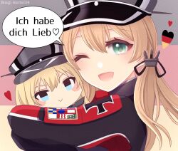 Rule 34 | 1girl, anchor hair ornament, badge, bismarck (kancolle), blonde hair, chibi, commentary request, cross, flag background, german flag, german text, green eyes, hair ornament, hat, highres, hugging doll, hugging object, iron cross, kantai collection, low twintails, military hat, military uniform, nagi kantai114, one-hour drawing challenge, one eye closed, peaked cap, prinz eugen (kancolle), smile, solo, speech bubble, translated, twintails, uniform