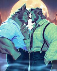 Rule 34 | 2boys, animal ears, bara, beard, claws, collared shirt, couple, ego rodriguez (egothego), eye contact, facial hair, fingernails, from side, full moon, furry, furry male, furry with non-furry, huge moon, interspecies, large pectorals, looking at another, loose necktie, male focus, mature male, moon, multiple boys, muscular, muscular male, necktie, original, pants, pectorals, sharp fingernails, shirt, short hair, smile, thick eyebrows, transformation, tusks, werewolf, wolf ears