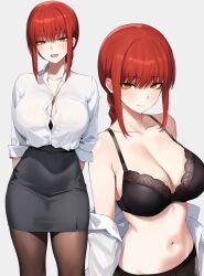 Rule 34 | 1girl, black bra, black pantyhose, bra, breasts, chainsaw man, collarbone, deyo (nicijyou), highres, large breasts, looking at viewer, makima (chainsaw man), navel, open mouth, pantyhose, red hair, shirt, simple background, skirt, solo, stomach, underwear, white background, white shirt, yellow eyes