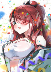 Rule 34 | 1girl, bandeau, bare shoulders, blush, breasts, cleavage, commentary request, confetti, eyes visible through hair, green eyes, hair over one eye, highres, kuri giepi, lain paterson, lain paterson (1st costume), large breasts, long hair, midriff, nijisanji, open mouth, red hair, solo, stomach, strapless, suspenders, suspenders slip, tube top, upper body, virtual youtuber, white background