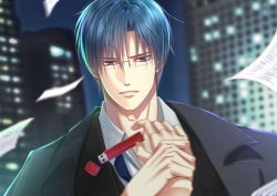 Rule 34 | 1boy, black suit, blue hair, blurry, blurry background, formal, glasses, hand up, hand grab, izumi (stardustalone), jacket, jacket on shoulders, looking at viewer, male focus, night, outdoors, paper, purple eyes, student solver, suit, upper body, usb