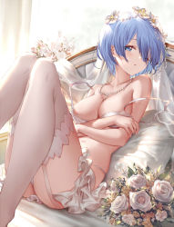 Rule 34 | 1girl, 77gl, ass, bare shoulders, bed, between breasts, blue eyes, blue hair, bouquet, bra, breast rest, breasts, bridal veil, cleavage, collarbone, commentary, flower, garter belt, garter straps, glint, hair between eyes, hair flower, hair ornament, jewelry, knees up, looking at viewer, lying, navel, necklace, off shoulder, on back, on bed, open mouth, panties, pearl necklace, pillow, re:zero kara hajimeru isekai seikatsu, rem (re:zero), short hair, solo, strap slip, thighhighs, underwear, underwear only, veil, white bra, white garter belt, white garter straps, white panties, white thighhighs