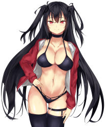 Rule 34 | 1girl, azur lane, bare shoulders, bikini, black bikini, black choker, black hair, black thighhighs, blush, breasts, choker, cleavage, groin, hair between eyes, hand on own hip, highres, jacket, large breasts, long hair, looking at viewer, navel, official alternate costume, race queen, red eyes, red jacket, ref (pmxt4483), simple background, solo, stomach, swimsuit, taihou (azur lane), taihou (enraptured companion) (azur lane), thigh strap, thighhighs, thighs, two side up, white background