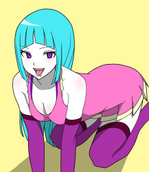 Rule 34 | 1girl, all fours, blue hair, breasts, cleavage, dress, elbow gloves, female focus, gloves, highres, kashiwa (iersansi), long hair, me!me!me!, meme (me!me!me!), pink dress, saliva, simple background, solo, thighhighs, very long hair