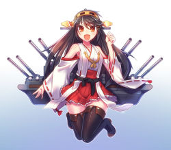 Rule 34 | 10s, 1girl, :d, bare shoulders, black hair, boots, brown eyes, cannon, detached sleeves, hairband, haruna (kancolle), headgear, japanese clothes, kantai collection, long hair, looking at viewer, nontraditional miko, open mouth, personification, skirt, smile, solo, thigh boots, thighhighs, yukimura tsubame, zettai ryouiki