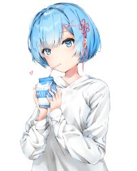 Rule 34 | 1girl, :o, blue eyes, blue hair, casual, commentary, double-parted bangs, drinking straw, flower, hair between eyes, hair flower, hair ornament, hair ribbon, hands up, heart, highres, light blush, looking at viewer, milk carton, nail polish, nakony, open mouth, re:zero kara hajimeru isekai seikatsu, red nails, red ribbon, rem (re:zero), ribbon, short hair, simple background, sleeves past wrists, solo, sweater, upper body, white background, white sweater, x hair ornament