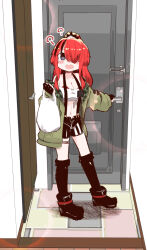 Rule 34 | 1girl, 221 (tsutsuichi), ?, bag, black footwear, black gloves, black shorts, blush, boots, fingerless gloves, gloves, green jacket, high ponytail, highres, jacket, knee boots, lain paterson, lain paterson (1st costume), long hair, nijisanji, open clothes, open jacket, open mouth, shopping bag, shorts, solo, strapless, suspenders, thigh strap, tube top, virtual youtuber