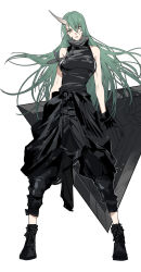 Rule 34 | 1girl, arknights, arm scarf, black footwear, black gloves, black jacket, black pants, black shirt, boots, chinese commentary, clothes around waist, commentary request, expressionless, full body, gloves, green hair, highres, holding, holding shield, horns, hoshiguma (arknights), jacket, jacket around waist, long hair, looking at viewer, pants, parted lips, scar, scar on face, shield, shirt, simple background, single horn, skin-covered horns, sleeveless, sleeveless shirt, solo, white background, xiandao1213, yellow eyes