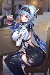 Rule 34 | 1girl, absurdres, ass, asymmetrical hair, backless outfit, black bodysuit, black hairband, black thighhighs, blue hair, blurry, blurry background, blush, bodysuit, bottle, breasts, chair, cup, eula (genshin impact), genshin impact, gloves, hair between eyes, hair ornament, hairband, high-waist shorts, highres, holding, holding cup, huge ass, large breasts, long sleeves, looking at viewer, medium breasts, medium hair, multicolored eyes, purple eyes, shorts, sign, solo, table, taro (peach taro51), thighhighs, thighs, weighing scale, yellow eyes