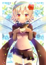 Rule 34 | 1girl, ahoge, black capelet, black skirt, black thighhighs, blonde hair, blue hair, breasts, brown gloves, capelet, commission, copyright request, elbow gloves, facial mark, fairy wings, fingerless gloves, flower, gloves, hair between eyes, hair flower, hair ornament, hands up, kou hiyoyo, looking at viewer, medium breasts, multicolored hair, pleated skirt, red eyes, red flower, short eyebrows, skeb commission, skirt, solo, sparkle, streaked hair, thick eyebrows, thighhighs, transparent wings, underboob, wings