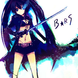 Rule 34 | 10s, 1girl, belt, bikini, bikini top only, black hair, black rock shooter, black rock shooter (character), blue eyes, chain, cloak, coat, flat chest, front-tie top, gloves, glowing, glowing eye, glowing eyes, hood, hooded jacket, jacket, katana, long hair, midriff, navel, scar, short shorts, shorts, solo, star (symbol), stitches, swimsuit, sword, tsukahara, tsukahara (pixiv), twintails, uneven twintails, very long hair, weapon