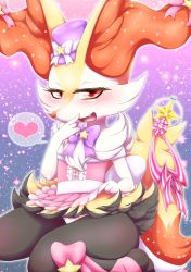 Rule 34 | 1girl, animal ear fluff, animal ears, animal feet, animal nose, ankle ribbon, back bow, black fur, blush, body fur, bow, bow panties, bowtie, braixen, clothed pokemon, clothes lift, creatures (company), dress, dress lift, fang, female focus, flat chest, fox ears, fox girl, fox tail, frilled dress, frills, furry, furry female, game freak, gen 6 pokemon, gradient background, hair bow, half-closed eyes, hand to own mouth, hand up, happy, hat, hat bow, heart, leg ribbon, lifted by self, looking at viewer, magical girl, mini hat, mini top hat, neck fur, negoya, nintendo, nose blush, off-shoulder dress, off shoulder, open mouth, outline, panties, pink bow, pink dress, pink panties, pink ribbon, pokemon, pokemon (creature), purple background, purple bow, purple bowtie, purple hat, red eyes, ribbon, short dress, sideways mouth, sitting, smile, snout, solo, sparkle, speech bubble, spoken heart, star (symbol), striped ribbon, tail, top hat, underwear, wand, wariza, white bow, white fur, white outline, yellow fur