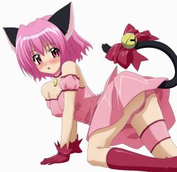 Rule 34 | 00s, 1girl, all fours, animal ears, arm garter, bare shoulders, bell, blush, boots, bow, bridal garter, cat ears, cat tail, choker, covered erect nipples, dress, female focus, gloves, highres, jingle bell, knee boots, leotard, looking at viewer, magical girl, mew ichigo, momomiya ichigo, panties, pantyshot, pink dress, pink eyes, pink hair, pink panties, pink skirt, pink theme, pussy juice, pussy juice stain, red gloves, red hair, ribbon, shiny skin, short dress, short hair, simple background, skirt, solo, sugimura tomokazu, tail, tail bell, tail bow, tail ornament, tail ribbon, tokyo mew mew, underwear