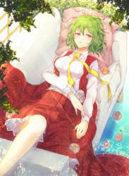 Rule 34 | 1girl, breasts, commentary request, couch, flower, green hair, kazami yuuka, konnyaku (yuukachan 51), light rays, long sleeves, looking at viewer, lying, medium breasts, necktie, on back, parted lips, petticoat, pillow, pink flower, plaid, plaid skirt, plaid vest, plant, red eyes, red skirt, red vest, shirt, short hair, skirt, solo, touhou, vest, water, white shirt, yellow necktie