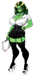 Rule 34 | 1girl, breasts, cleavage, colored skin, glasses, green hair, green skin, high heels, highres, marvel, she-hulk, suitcase, thick thighs, thighs, wide hips