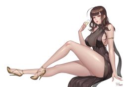 Rule 34 | 1girl, armlet, bare legs, bare shoulders, black dress, breasts, brown hair, champagne flute, covered erect nipples, cup, dress, drinking glass, dsr-50 (girls&#039; frontline), dsr-50 (highest bid) (girls&#039; frontline), earrings, fingernails, from side, girls&#039; frontline, high heels, highres, holding, huge breasts, jewelry, karmiel, knee up, legs, lipstick, long hair, long legs, looking at viewer, makeup, necklace, no bra, official alternate costume, parted lips, red eyes, red lips, see-through, signature, simple background, sitting, solo, thighs, white background, yellow footwear