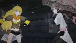 Rule 34 | 2girls, 3d, animated, animated gif, battle, blonde hair, gloves, hand on own hip, lowres, multicolored hair, multiple girls, neo politan, punching, rwby, smile, umbrella, yang xiao long