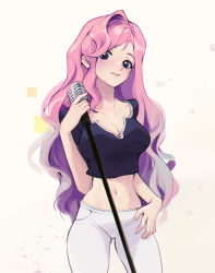 Rule 34 | 1girl, breasts, cleavage, cowboy shot, highres, holding, holding microphone, large breasts, league of legends, long hair, looking at viewer, microphone, microphone stand, midriff, navel, pants, pink eyes, pink hair, seraphine (league of legends), simple background, smile, solo, stomach, tianshi bianjie, white background, white pants