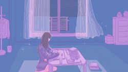 Rule 34 | 1girl, arm support, awada room, bare legs, window blinds, blue theme, book, brown hair, carpet, cellphone, clothes hanger, commentary request, computer, eraser, facing away, glass, holding, holding pen, indoors, jacket, limited palette, long hair, looking away, night, night sky, original, oversized clothes, pen, phone, pile of books, pink theme, rabbit, see-through, sitting, sky, smartphone, solo, star (sky), starry sky, stuffed animal, stuffed toy, table, taking notes, wariza, wind, wind lift, window, writing
