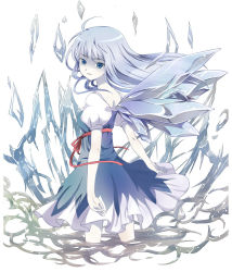 Rule 34 | 1girl, adapted costume, alternate hair length, alternate hairstyle, blue door, blue eyes, blue hair, cirno, dress, ice, light smile, long hair, looking back, matching hair/eyes, aged up, pale skin, ribbon, solo, touhou, wings