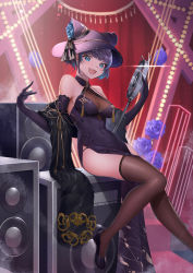 Rule 34 | 1girl, :3, :d, amano hagoromo, azur lane, bare shoulders, black footwear, blue eyes, blue hair, breasts, brown thighhighs, cheshire (azur lane), cheshire (cait sith crooner) (azur lane), china dress, chinese clothes, cleavage, commentary, dress, elbow gloves, feather boa, fedora, flower, gloves, halter dress, halterneck, hat, highres, holding, holding microphone stand, looking at viewer, medium breasts, microphone stand, multicolored hair, official alternate costume, open mouth, purple dress, purple flower, purple gloves, purple hair, purple hat, purple rose, rose, see-through, see-through cleavage, shoes, short hair, sitting, smile, solo, speaker, streaked hair, tassel, thighhighs, two-tone hair, veil
