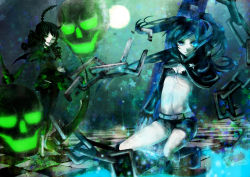 Rule 34 | 10s, 2girls, :p, absurdres, bad id, bad pixiv id, belt, bikini, bikini top only, black hair, black rock shooter, black rock shooter (character), blue eyes, boots, chain, curly hair, dead master, frown, glowing, glowing eyes, green eyes, highres, horns, kneeling, long hair, midriff, multiple girls, navel, pale skin, rinko (jaunebrillant), scythe, shorts, skull, smile, swimsuit, tongue, tongue out, twintails, very long hair, vocaloid, weapon