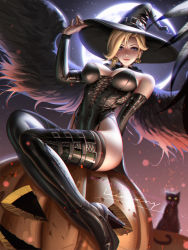 Rule 34 | 1girl, black footwear, black gloves, black leotard, black thighhighs, black wings, blonde hair, blue eyes, blurry, blurry background, boots, breasts, bridal gauntlets, cat, crescent moon, earrings, elbow gloves, food-themed earrings, food themed earrings, gloves, halloween costume, hat, high heel boots, high heels, highres, jack-o&#039;-lantern, jack-o&#039;-lantern earrings, jewelry, leotard, liang xing, lips, looking at viewer, medium breasts, mercy (overwatch), moon, official alternate costume, overwatch, overwatch 1, pumpkin earrings, signature, sitting, smile, smilenight, solo, spread wings, strapless, strapless leotard, thigh boots, thighhighs, thighhighs under boots, wings, witch, witch hat, witch mercy