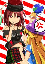 Rule 34 | 2girls, american flag dress, american flag shirt, anger vein, angry, bare shoulders, belt, blonde hair, breasts, chain, cleavage, clenched hands, clothes writing, clownpiece, collar, d:, d:&lt;, earth (ornament), food, hat, hecatia lapislazuli, height difference, jealous, jester cap, jitome, long hair, miniskirt, moja (moja4192), moon (ornament), multicolored clothes, multicolored skirt, multiple girls, off-shoulder shirt, off shoulder, open mouth, pudding, red eyes, red hair, shirt, short hair, skirt, smile, smug, spoken anger vein, star (symbol), t-shirt, tears, touhou, v-shaped eyebrows, very long hair
