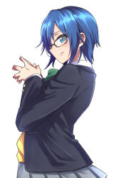 Rule 34 | 1girl, black-framed eyewear, black jacket, blazer, blue eyes, blue hair, ciel (tsukihime), closed mouth, commentary, cowboy shot, english commentary, french kiss, from behind, from below, glasses, green neckwear, grey skirt, highres, ishii takuma, jacket, kiss, leaning back, long sleeves, looking at viewer, looking back, miniskirt, own hands clasped, own hands together, pleated skirt, school uniform, short hair, sidelocks, sitting, skirt, solo, standing, tsukihime, tsukihime (remake), white background