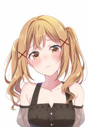 Rule 34 | 1girl, bang dream!, bare shoulders, black shirt, blonde hair, blush, breasts, buttons, cleavage, closed mouth, collarbone, commentary request, crossed bangs, detached sleeves, hair ornament, head tilt, highres, ichigaya arisa, long hair, looking at viewer, medium breasts, raised eyebrows, see-through, see-through sleeves, shirt, simple background, sleeveless, sleeveless shirt, solo, tottoto tomekichi, twintails, upper body, white background, x hair ornament, yellow eyes